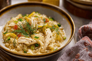 Bowl of One Pot Lemon Dilly Chicken Rice Soup with dill and lemon