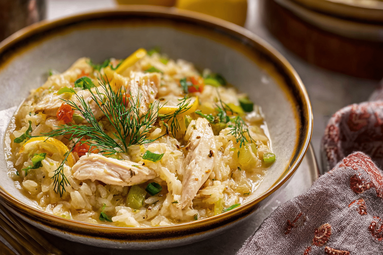 Bowl of One Pot Lemon Dilly Chicken Rice Soup with dill and lemon