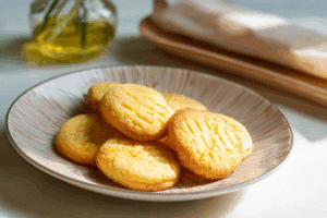 Golden French Butter Cookies on a plate with tea