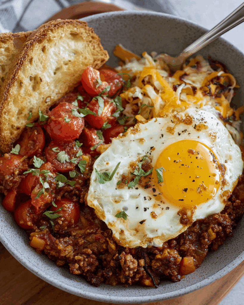 Breakfast chili served with toast and eggs