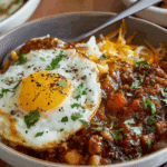 A bowl of breakfast chili and eggs served hot with toppings