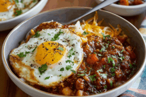 A bowl of breakfast chili and eggs served hot with toppings