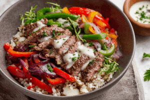 Philly Cheesesteak Bowl with beef, peppers, onions, and cheese sauce