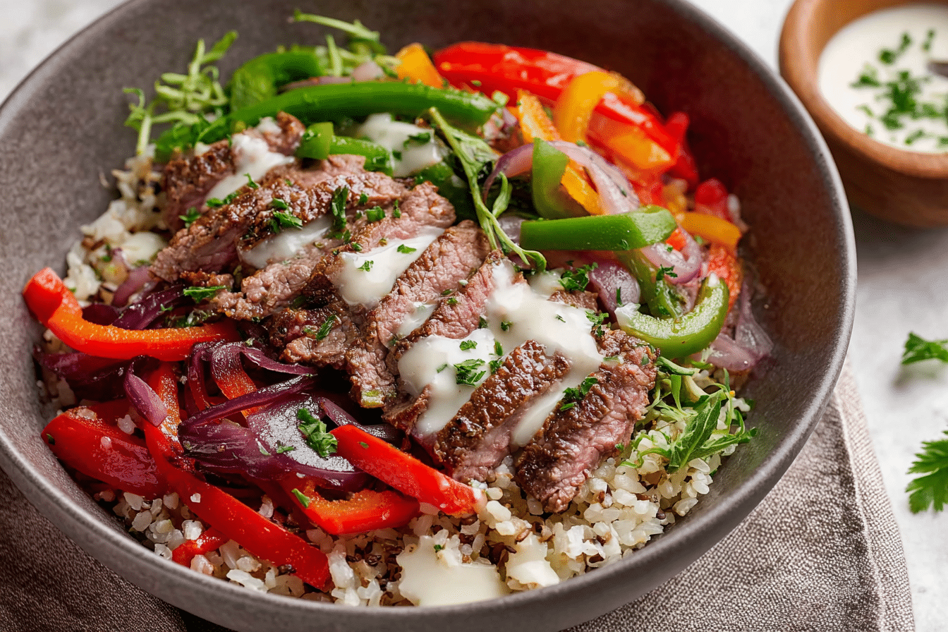 Philly Cheesesteak Bowl with beef, peppers, onions, and cheese sauce
