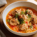 A bowl of hearty cabbage meatball soup served warm with lemon and herbs