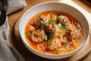 A bowl of hearty cabbage meatball soup served warm with lemon and herbs