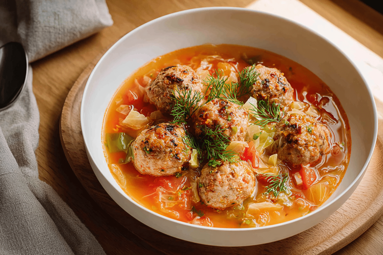 A bowl of hearty cabbage meatball soup served warm with lemon and herbs