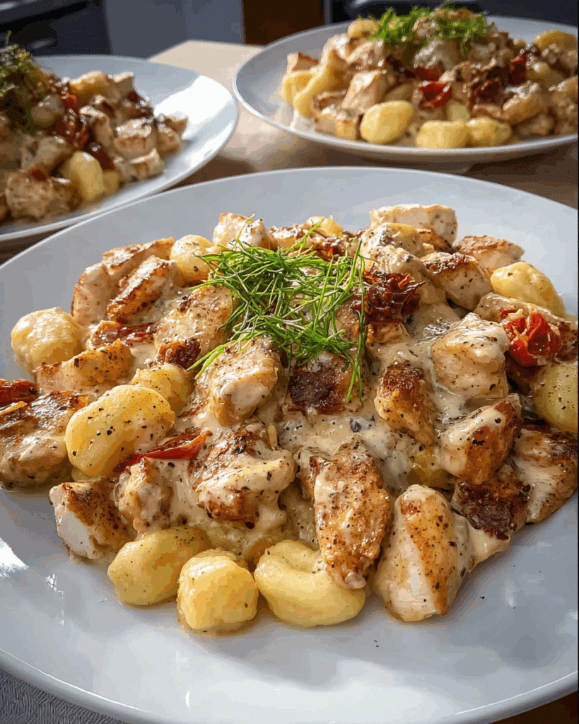 Gnocchi simmering in creamy Parmesan sauce.