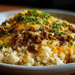 Garlic Butter Beef and Rice Skillet with Cheddar Parmesan Sauce