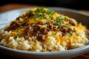 Garlic Butter Beef and Rice Skillet with Cheddar Parmesan Sauce