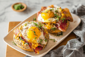 Oven-Baked Bagels with Egg, Prosciutto & Cheddar