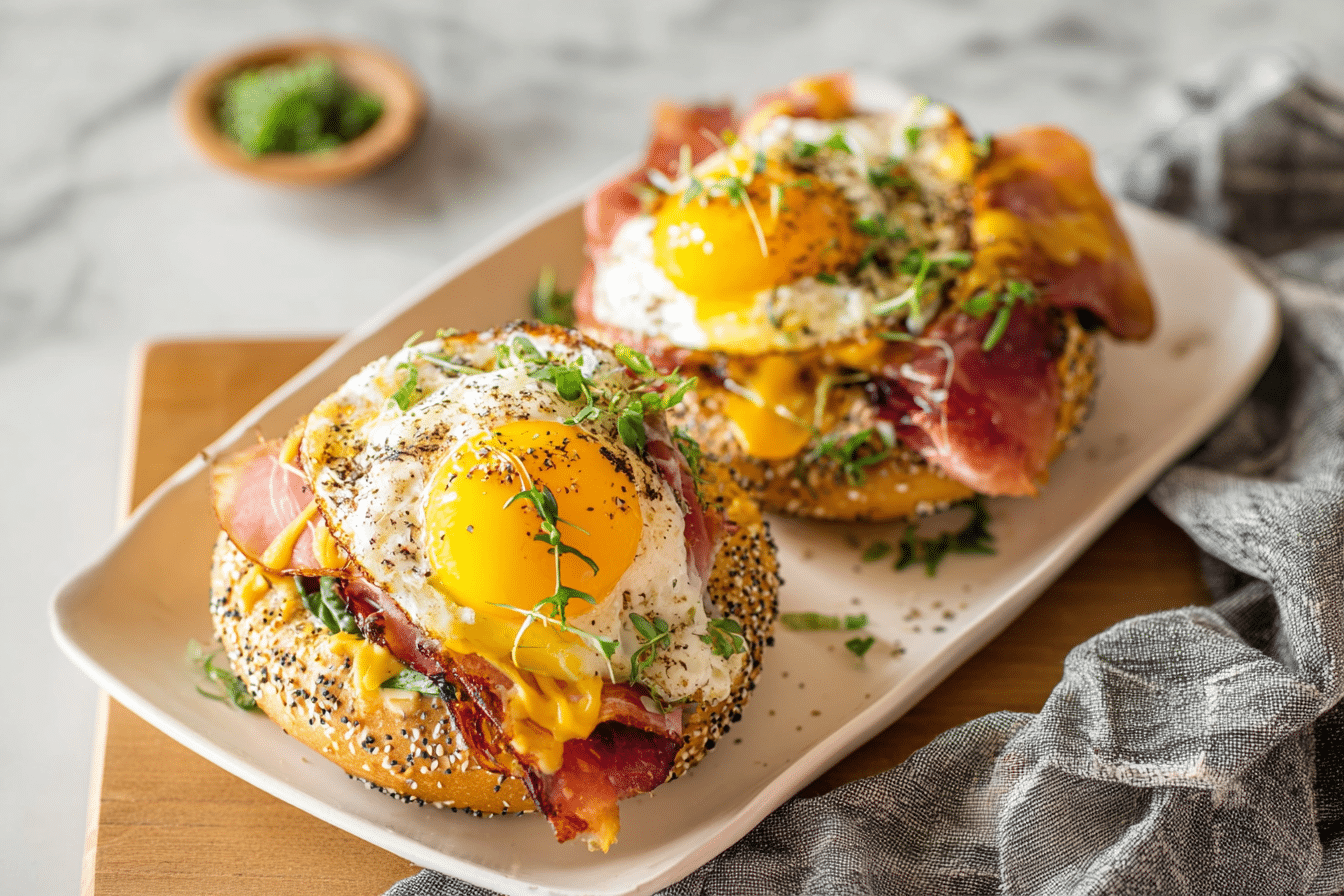 Oven-Baked Bagels with Egg, Prosciutto & Cheddar