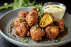 Green Chile Hush Puppies with Garlic Aioli