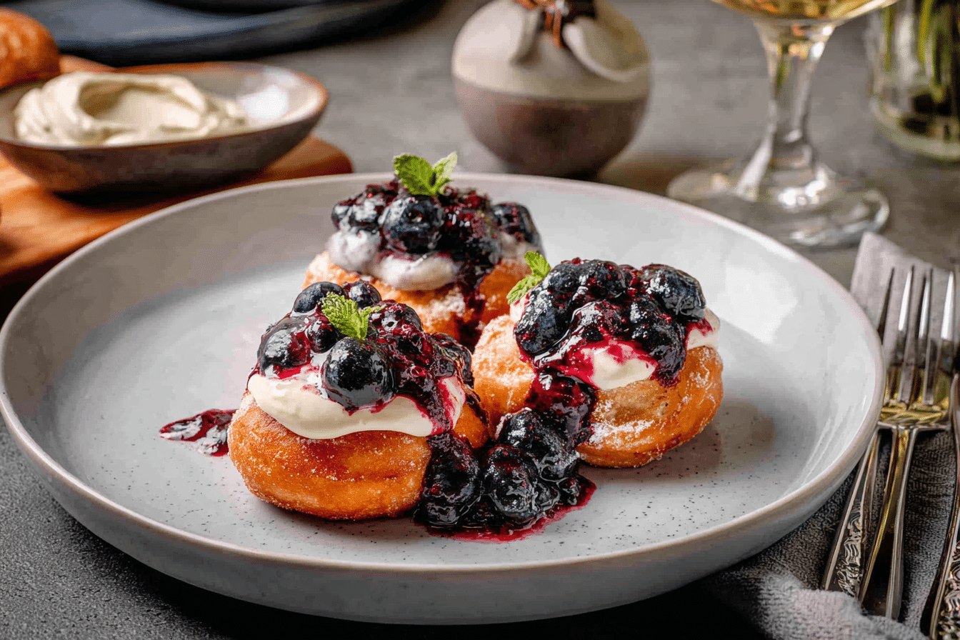 Papanasi: Romanian Sweet Cheese Donuts with Blueberries & Cream