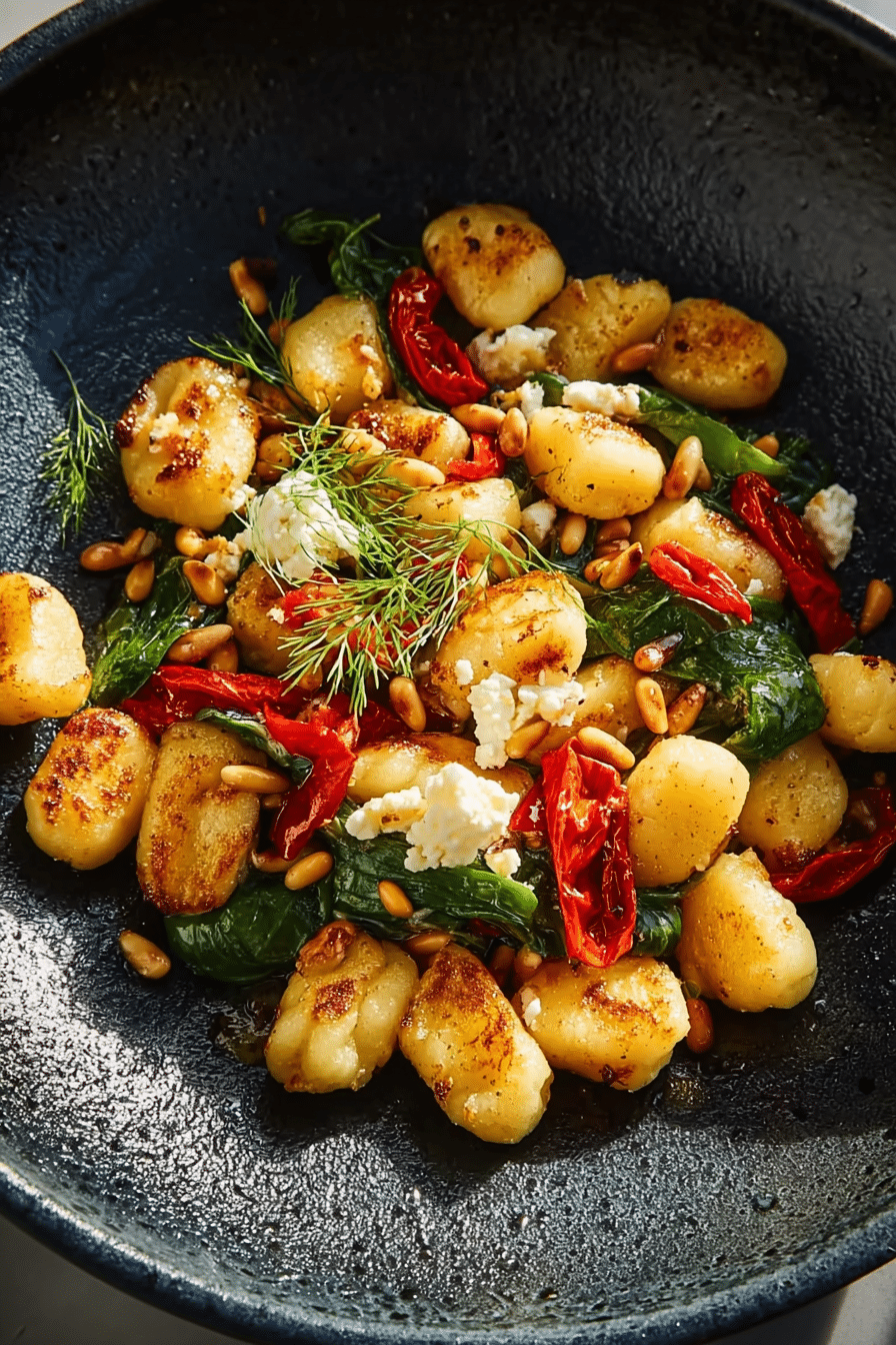 Pan Fried Gnocchi with Feta, Fennel Seeds, and Toasted Pine Nuts