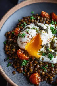 Mediterranean Braised Lentils with Poached Egg