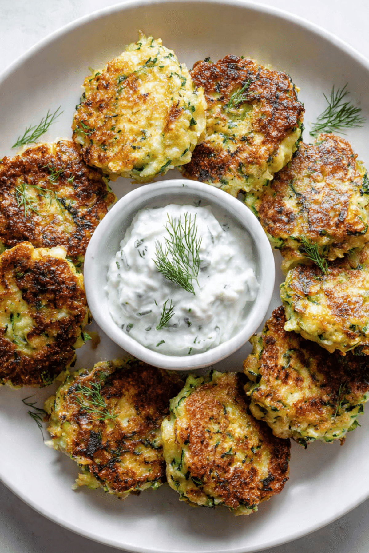 Crisp Greek Zucchini Fritters with Tzatziki