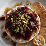 Baked Brie with Cherry Jam, Pistachios, Cinnamon, & Honey
