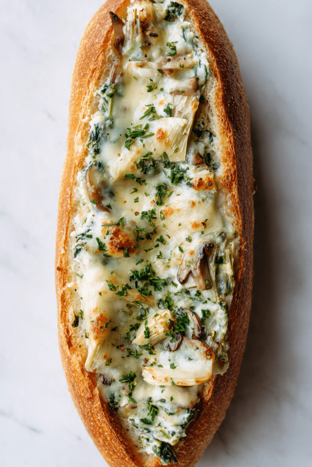 Cheesy Spinach Artichoke & Mushroom Stuffed Baguette