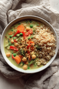 Healing Lemongrass Chickpea Thai Inspired Green Curry with Toasted Coconut Brown Rice