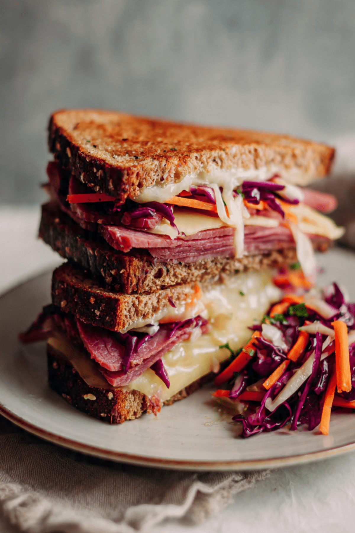 Grilled Pastrami Sandwich with Root Vegetable Slaw