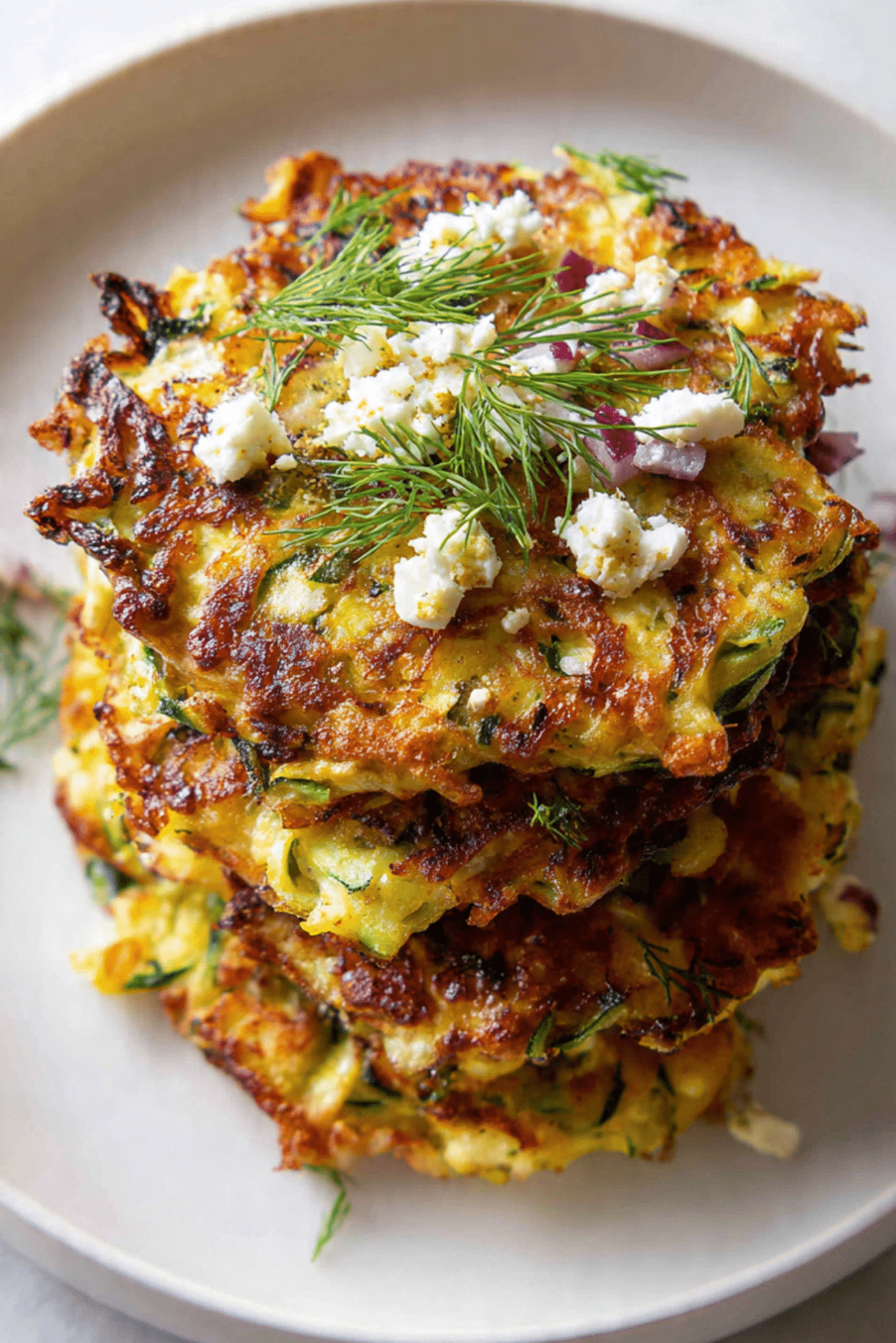 Zucchini Fritters with Feta, Red Onion, & Dill