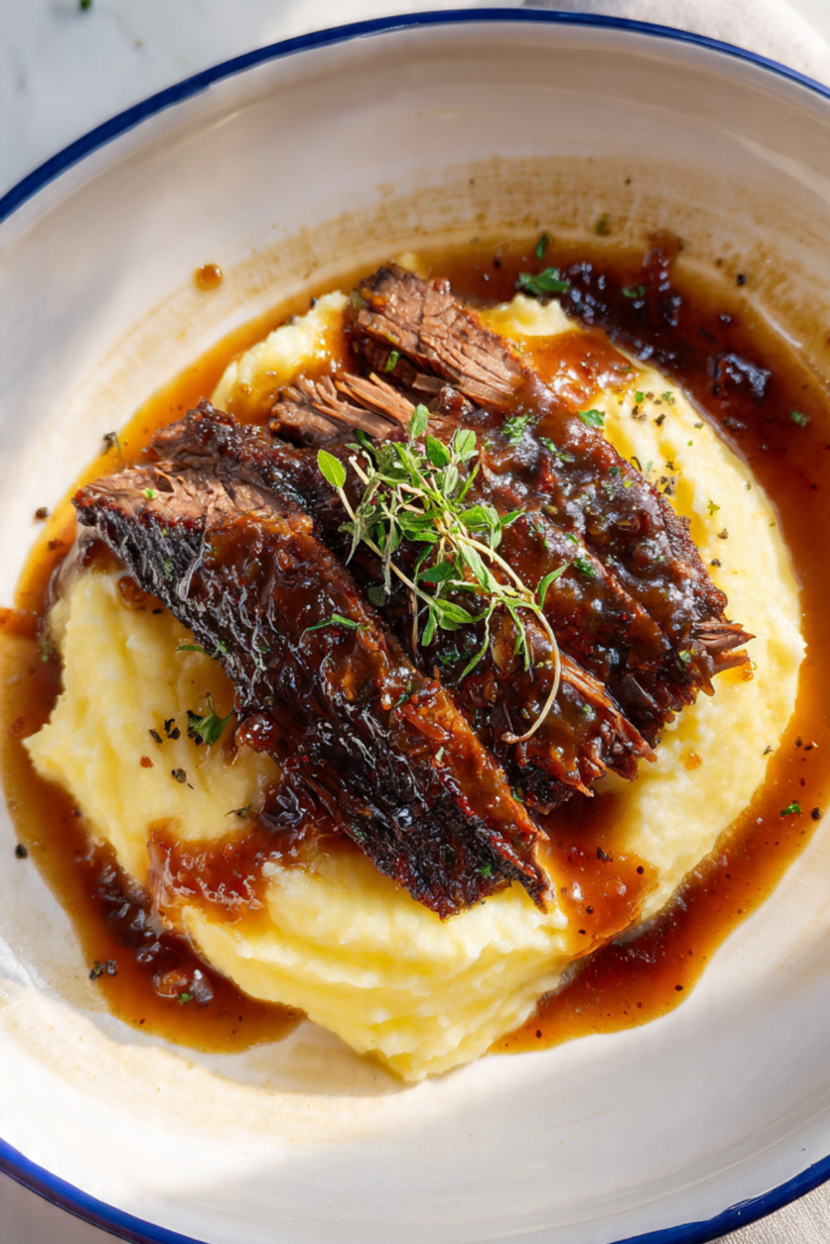 Mustard Brisket With Mashed Potatoes and Maple-Onion Sauce