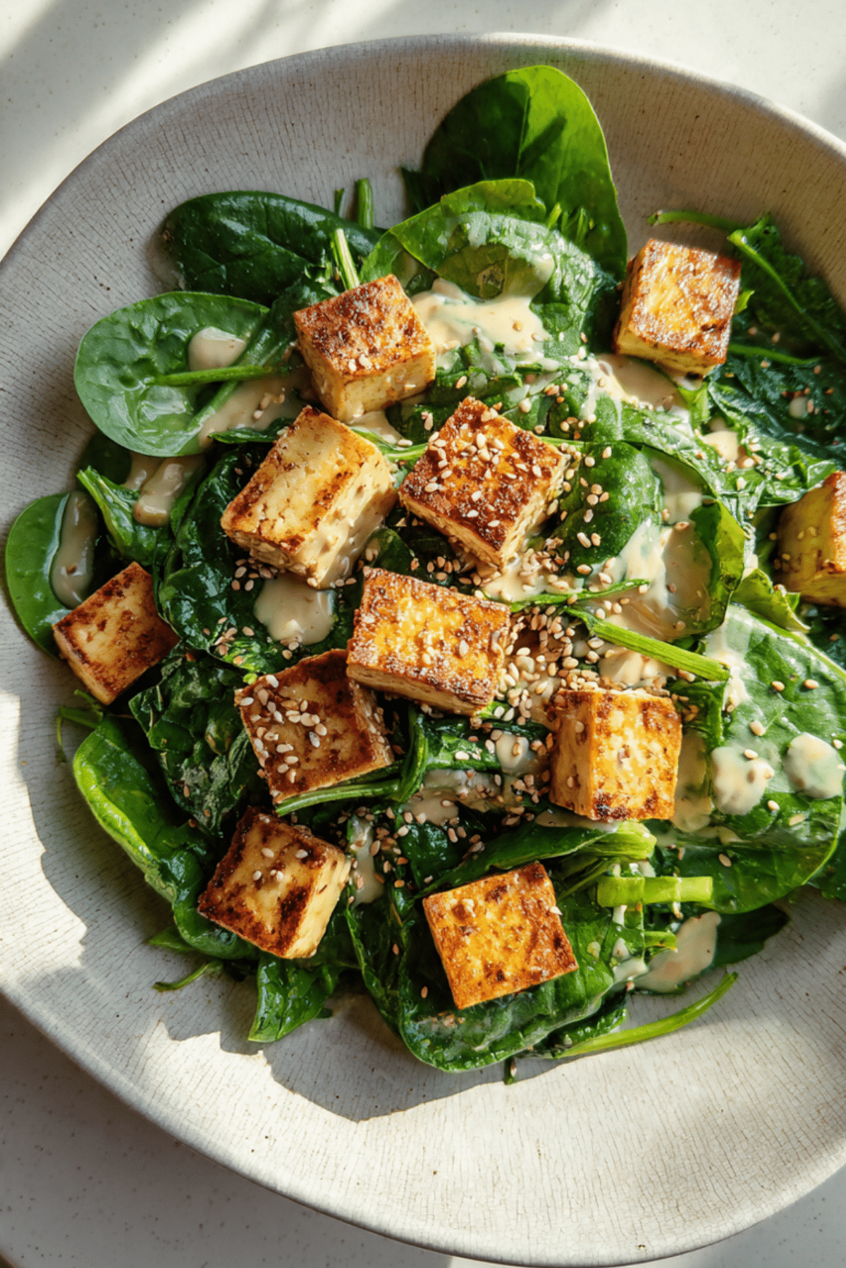 Spinach and Tofu Salad with Sesame Dressing and Traditional Chinese Salt