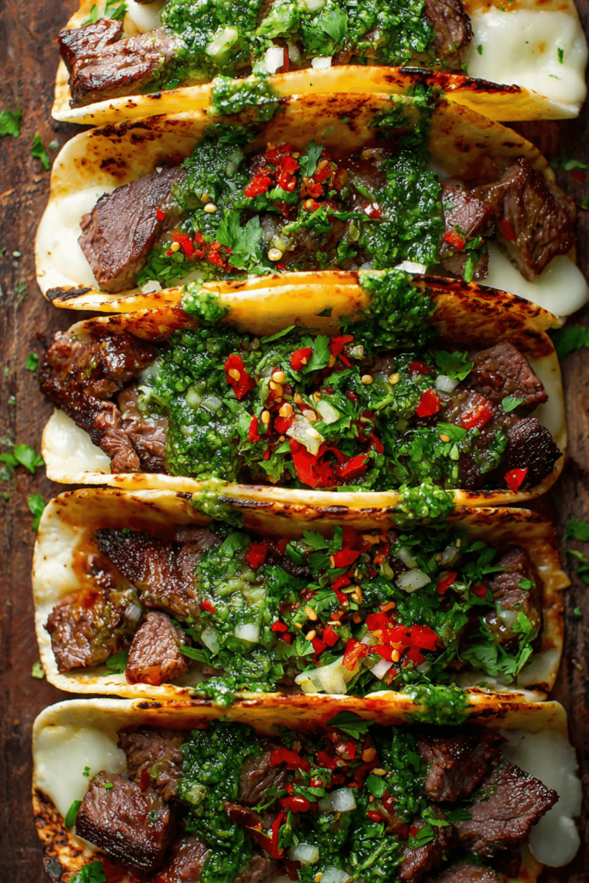 Cheesy Steak Tacos with Chimichurri Sauce