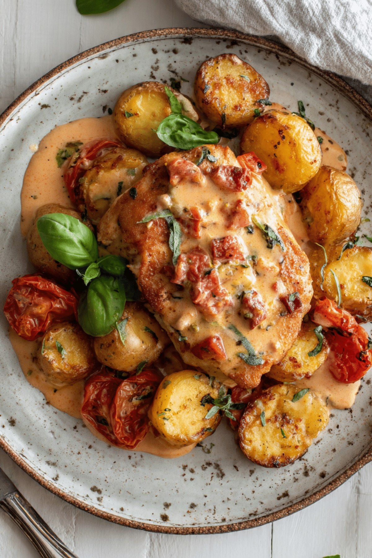 Creamy Tomato Chicken Breast Pan-Fried Potatoes