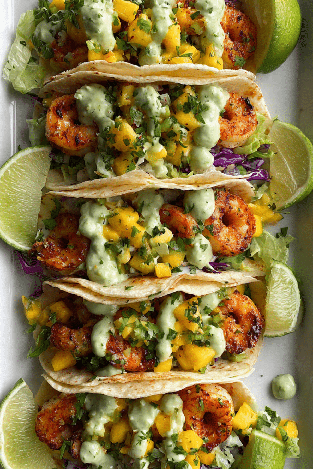 Chipotle Shrimp Tacos with Avocado Crema and Mango Salsa