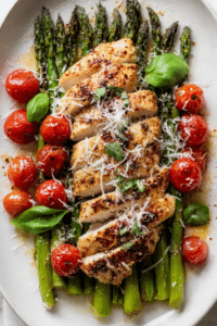 Juicy Flavor Packed Chicken Breast over Asparagus with Grape Tomatoes and Parmigiano Reggiano