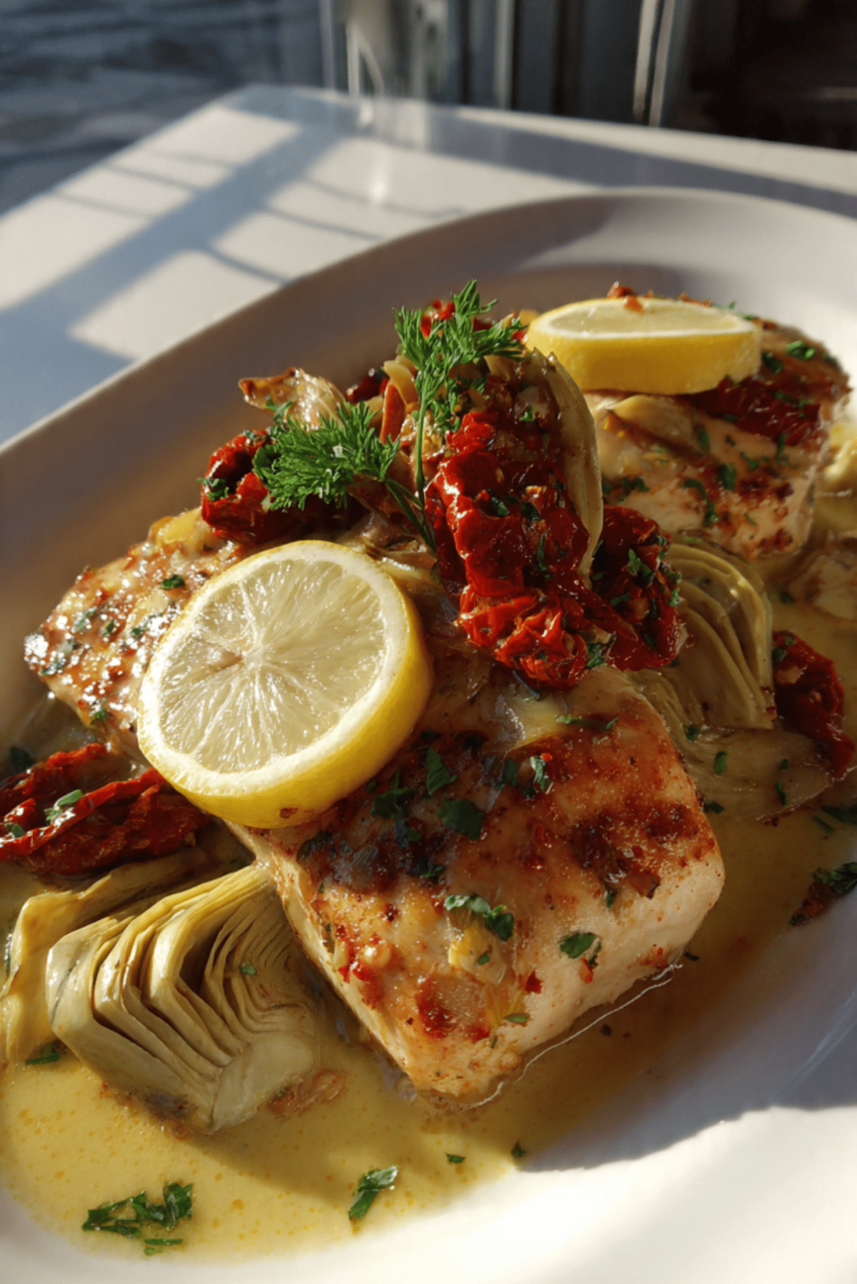 Skillet Swordfish with Sun-dried Tomatoes and Artichokes
