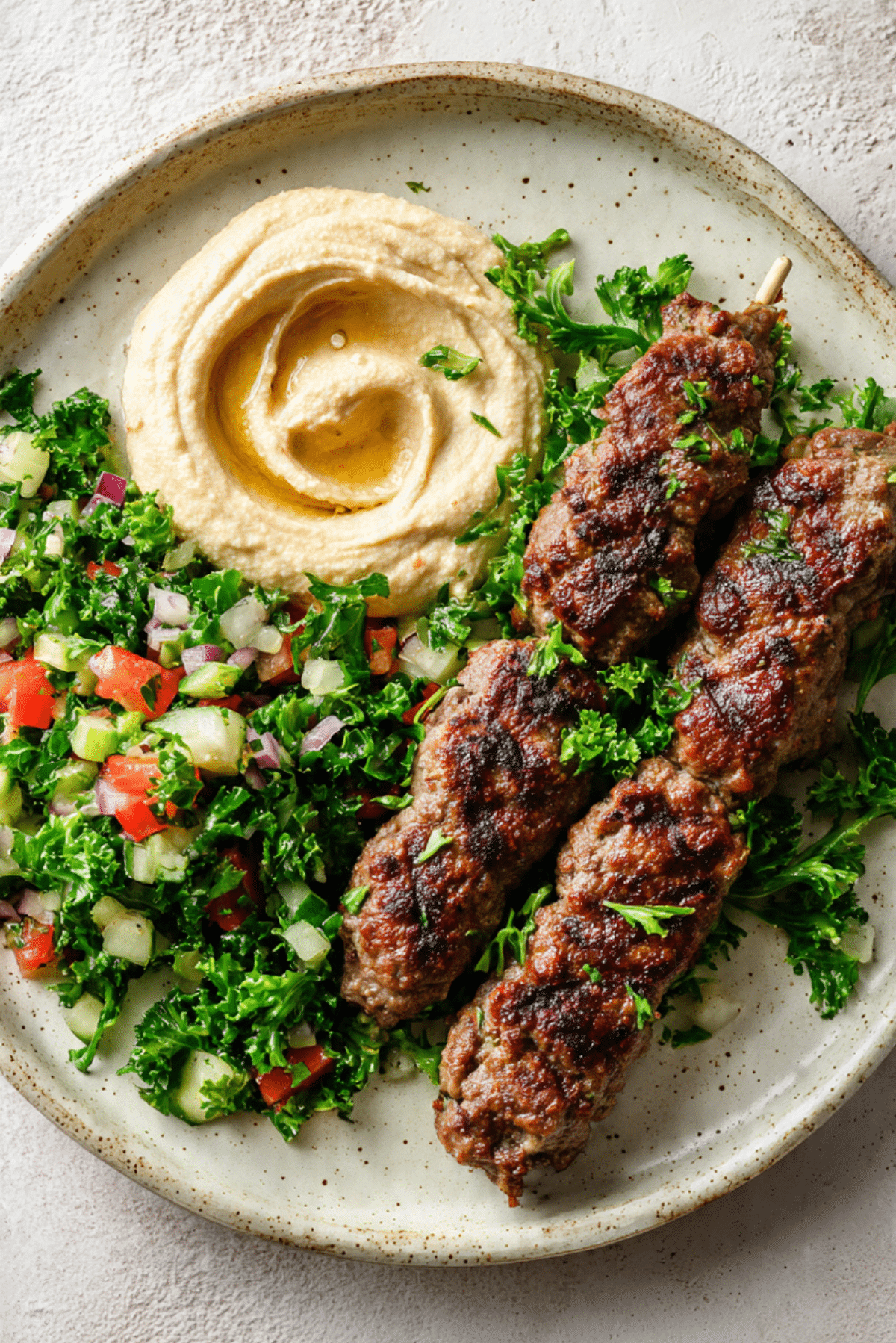Lamb Kofta with Fattoush Salad and Hummus