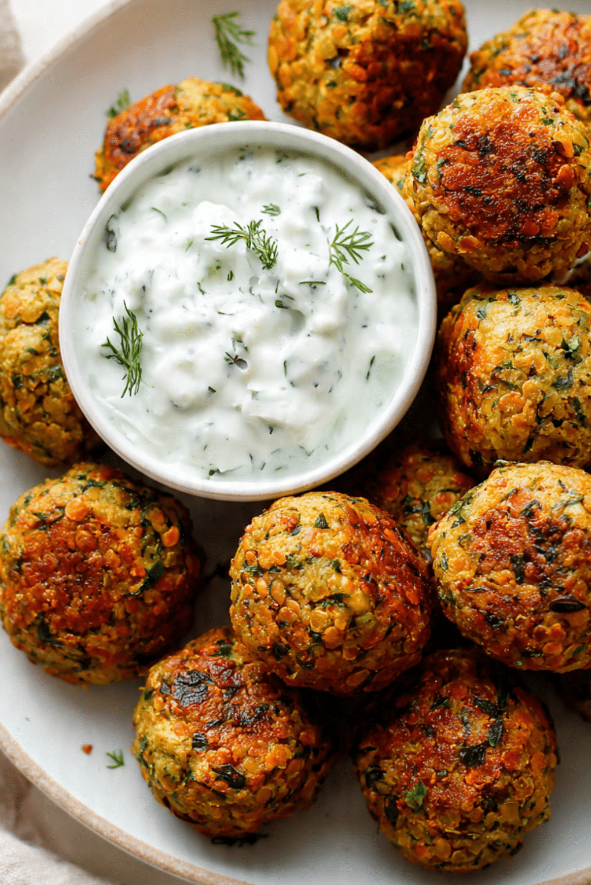 Baked Greek Lentil Meatballs with Tzatziki