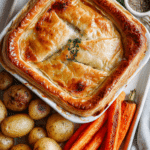 Chorizo & Mushroom Pot Pie, Roast Potatoes, and Carrots