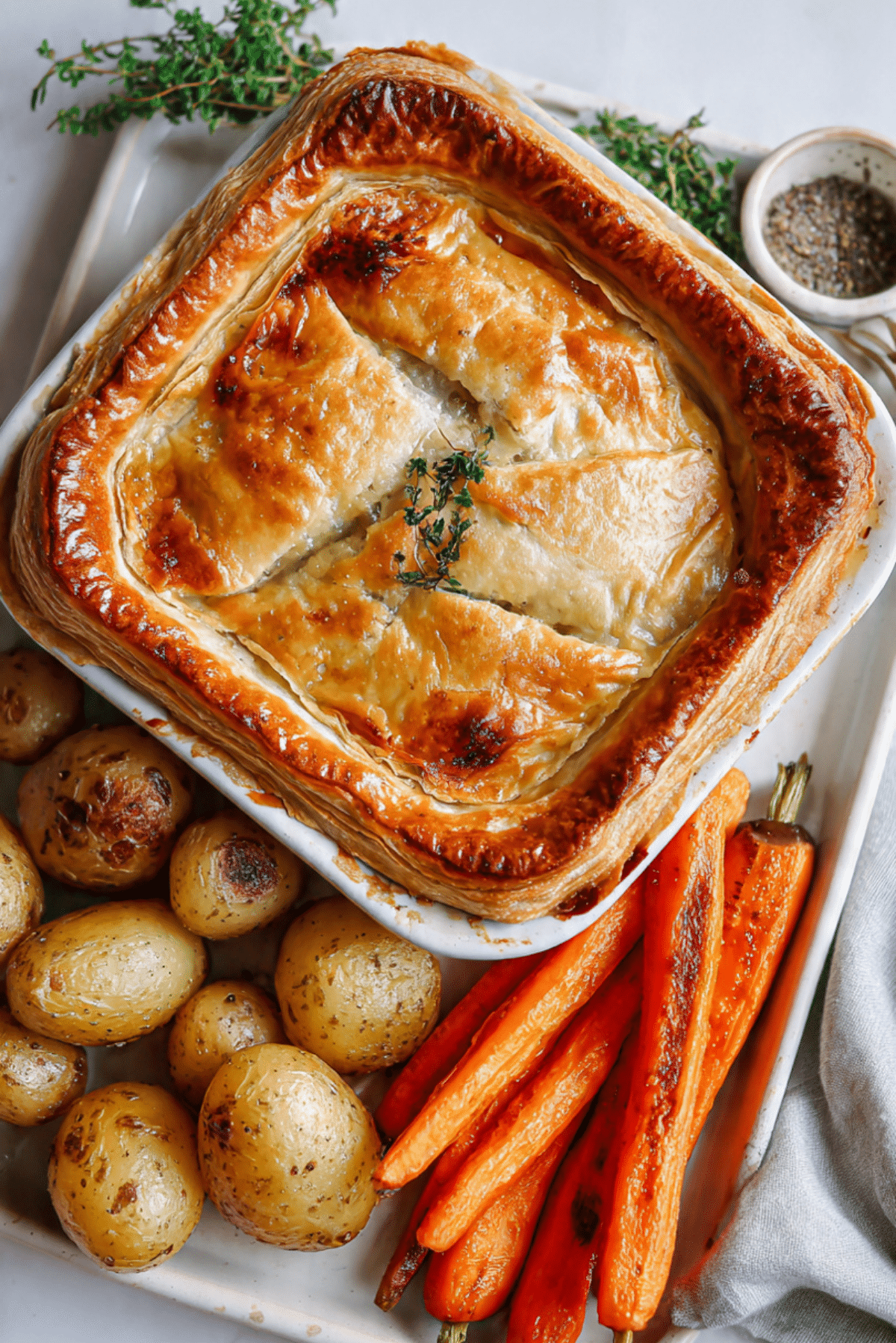Chorizo & Mushroom Pot Pie, Roast Potatoes, and Carrots