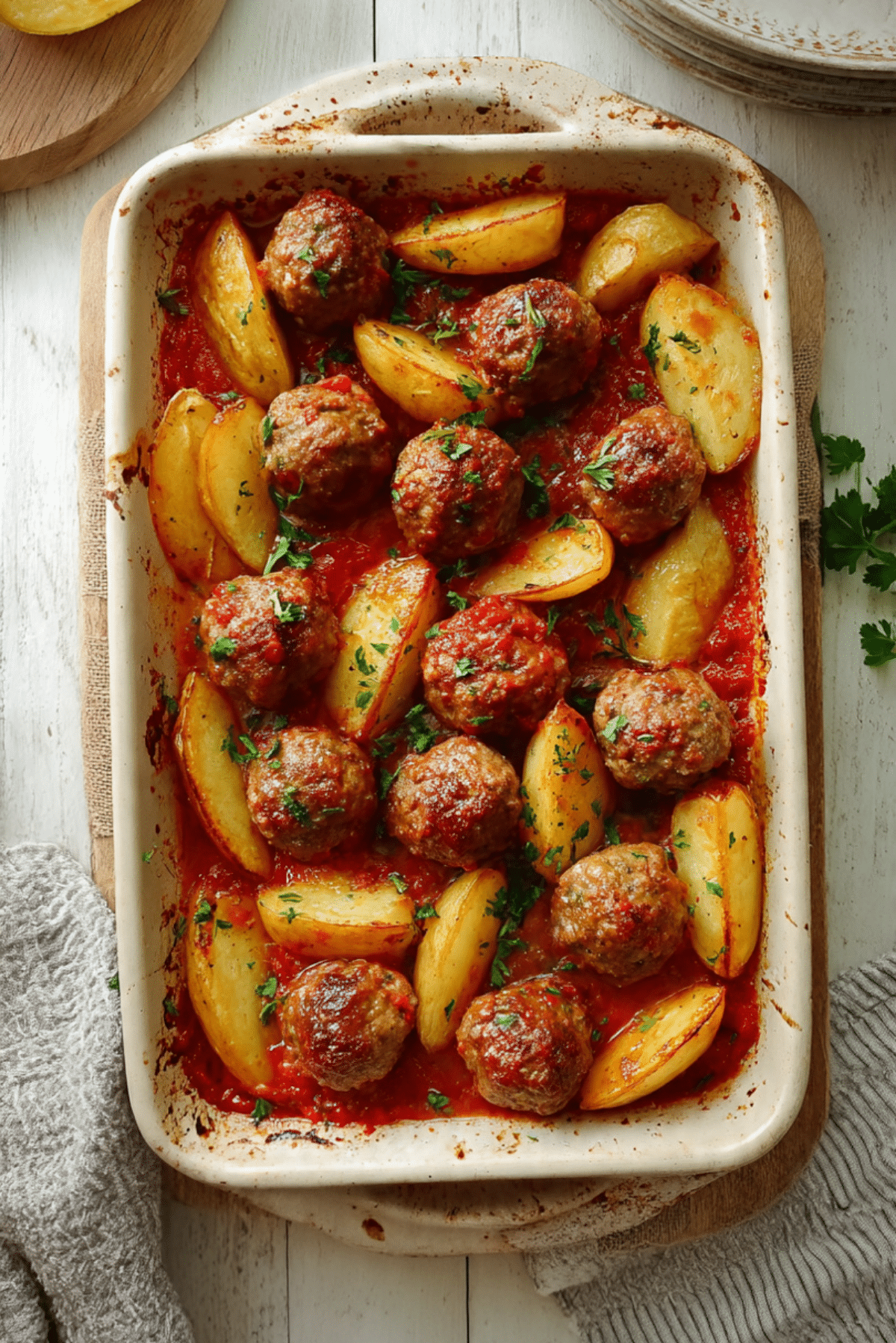 Baked Greek Meatballs and Potatoes (Soutzoukakia)