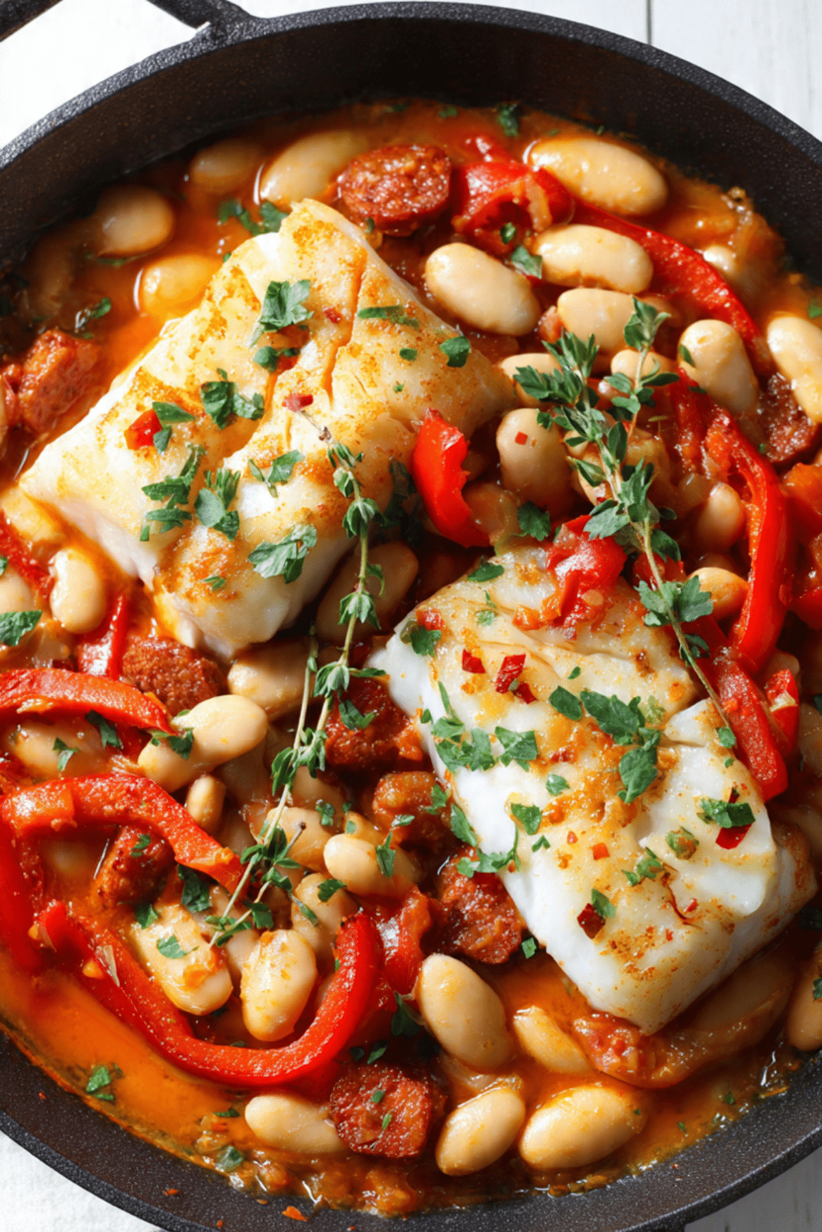 Cod with chorizo and white beans