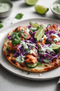 Salmon Flatbread with Slaw & Cilantro Yogurt Sauce